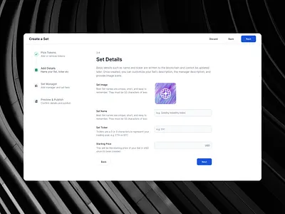 Set Details app assets blockchain clean crypto dapp defi design figma form minimal product design progress stepper steps token ui ux web3