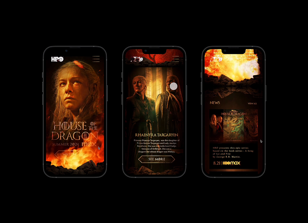 House of the Dragon - Saison 2 : mobile app design app design blood and fire entertainement entertainment website game of thrones hbo house of the dragon max mobie app movie design promotional app promotional website rhaenyra targaryen targaryen ui uxui design