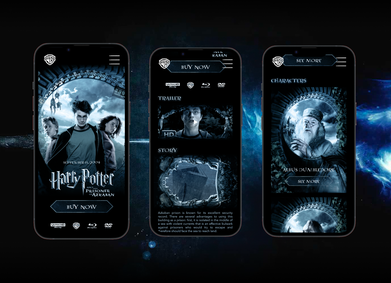 Harry Potter and the prisoner of azkaban : mobile app design alphons cuarron app design entertainment entertainment website harry potter hp3 jk rolling landing page mobile app movie website promotional website sirius black uxui design warner bro webdesign