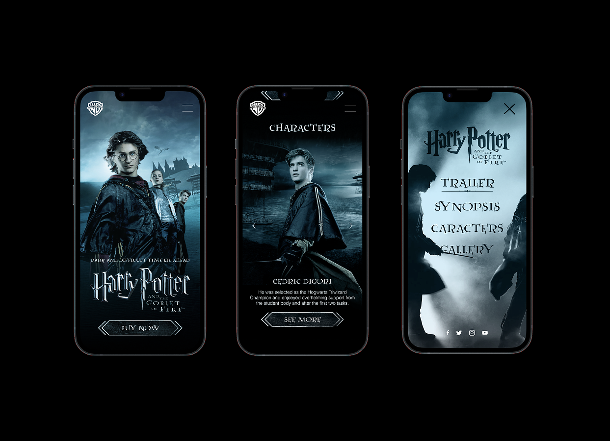 Harry Potter and the Goblet of Fire : mobile app design app design daniel radcliffe emma waston entertainment entertainment website fan art harry potter hp4 jk rolling landing page mobile app movie promotional website ui movie uxui design webdesign