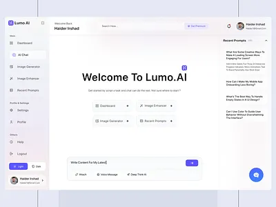 Lumo.AI ai assistant ai dashboard chat ui chatbot design clean ui conversation design dashboard design generative ai graphic design llm model design minimal dashboard modern ui product design saas dashboard ui ux design