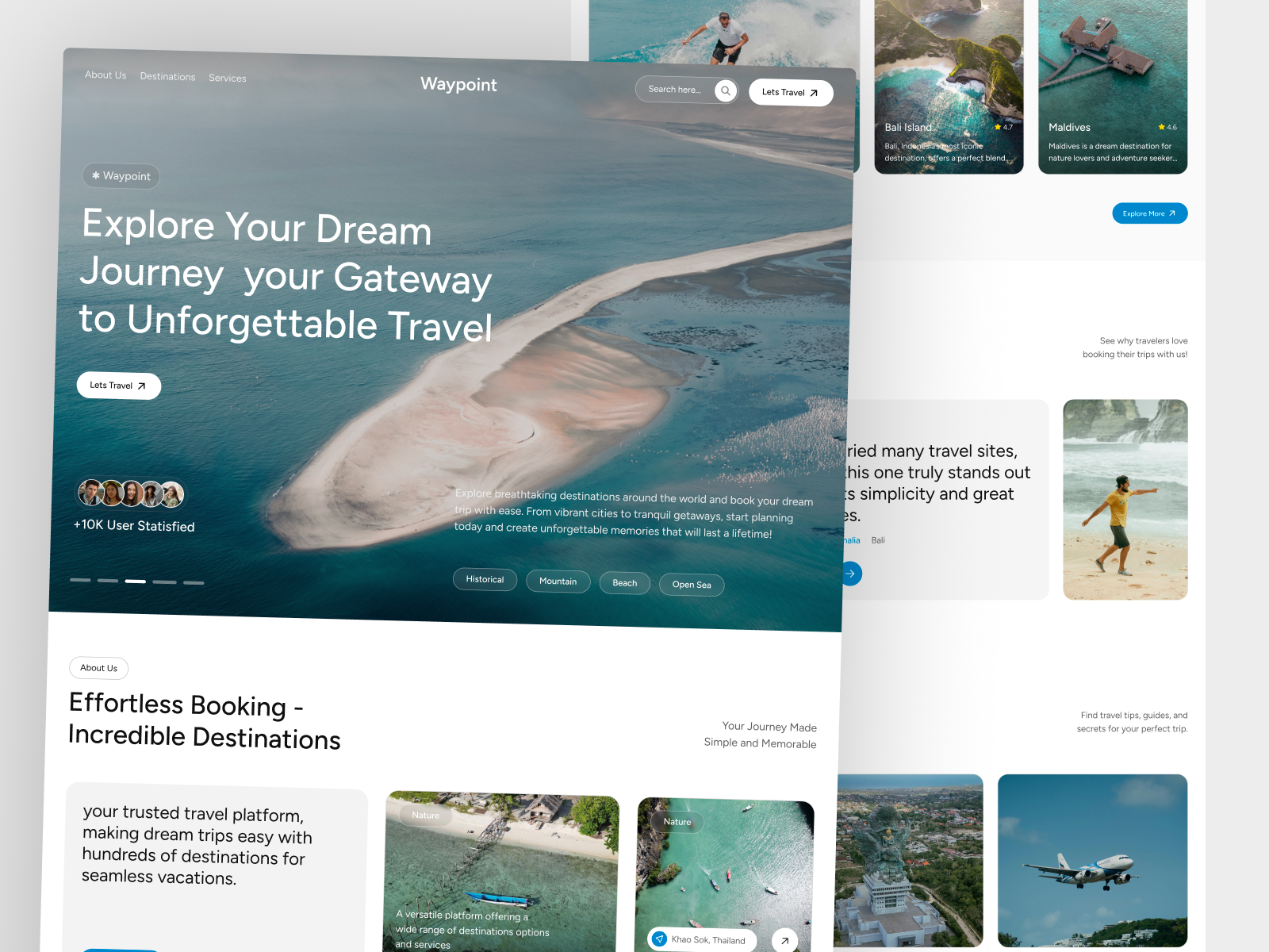 Waypoint - Travel Landing Page adventure adventure travel booking booking platform destination destination card destination guide flight getaway island itinerary journey tourism travel travel agency travel website trip trip planner vacation vacation deals