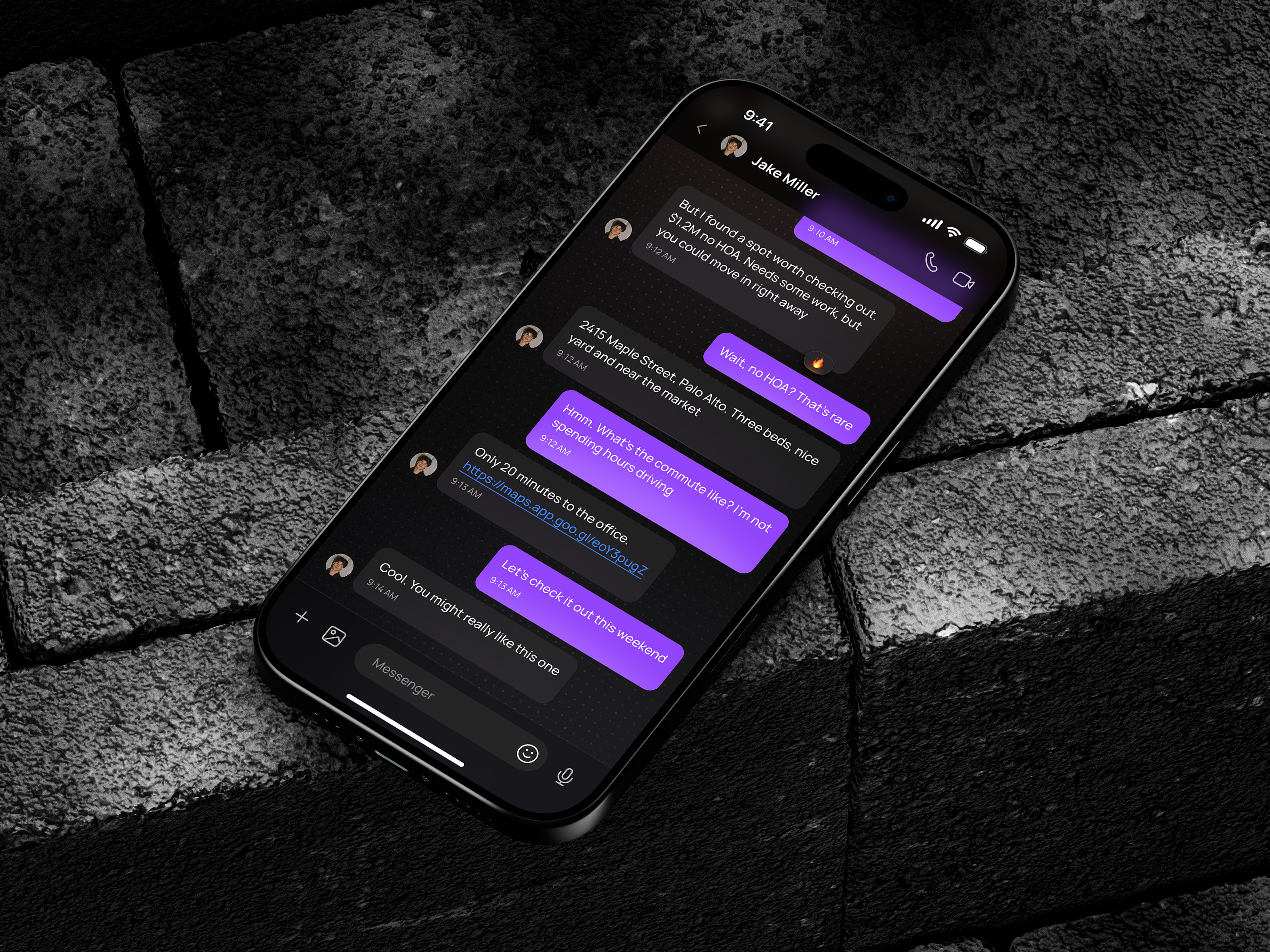 Messenger Mobile app app chat clean conversation dark mode dm message minimal mobile mockup pin reaction reply