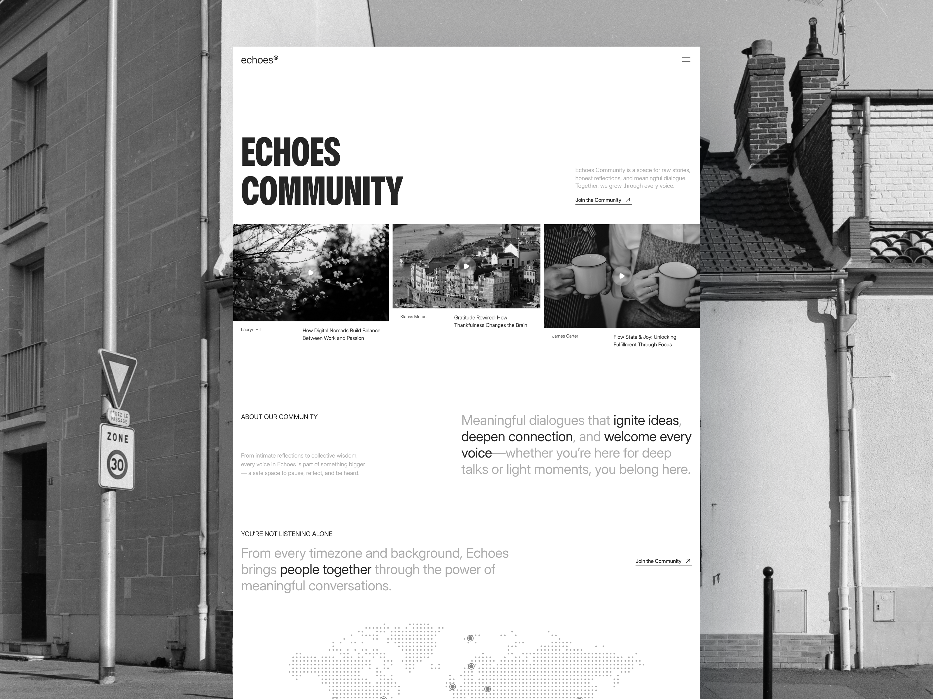 echoes® - Podcast Landing Page [Community] audio community connection conversations discover echoes entertainment minimalism music people podcast speakers streaming ui ux web design website