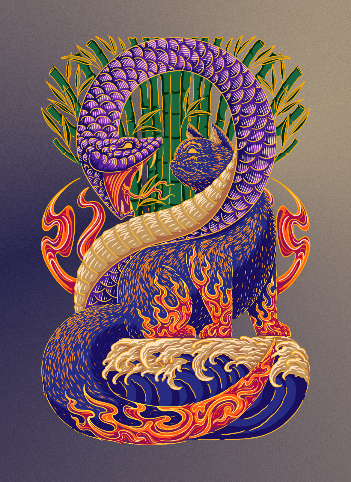 Cat and Snake artprint asia bamboo bravery cat china courage europe fire forest illustration mammal manasuka mocking poster reptile snake wave