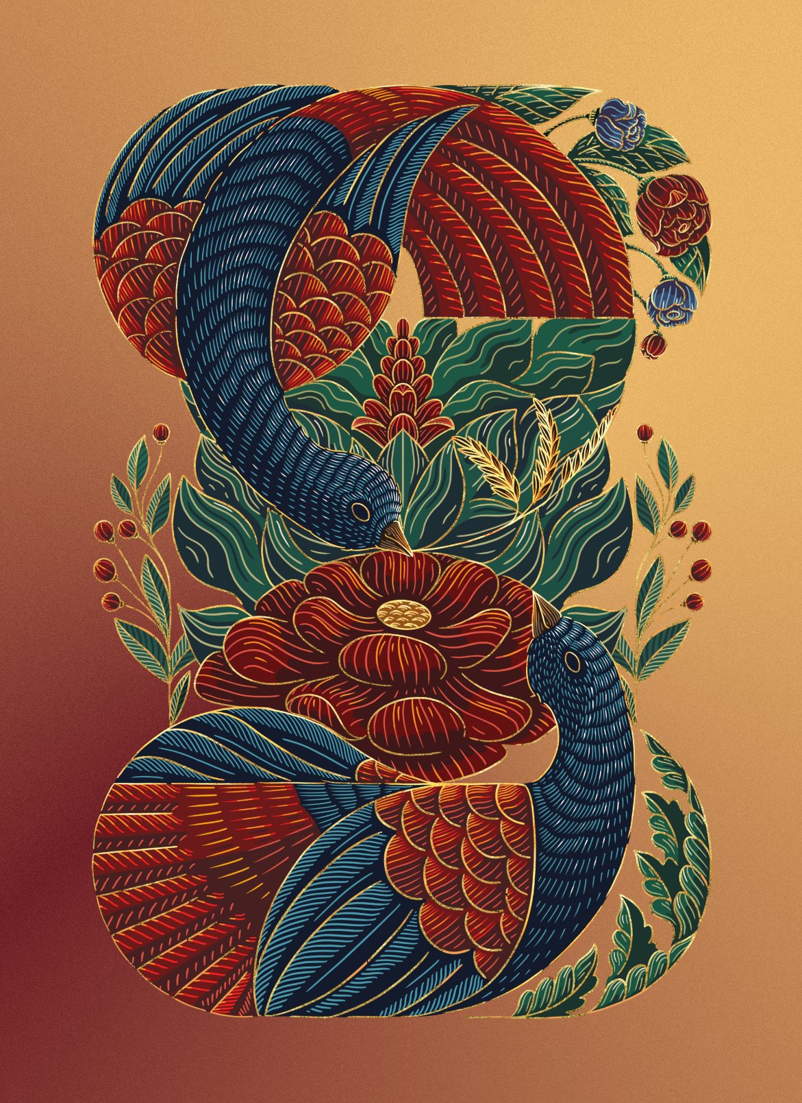 Birds in Love affairs animal artprint asia beauty birds botany china digital art europe flower home decor illustration love love bird manasuka nature poster print