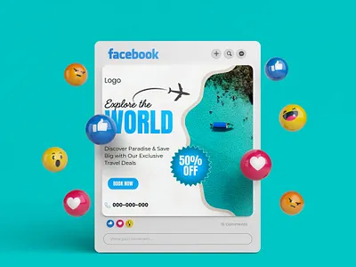 Travel Social Media Post Design blue contact design discount explore facebook post graphic design instagram post marketing off sea beach social media post tour travel travel industry white world