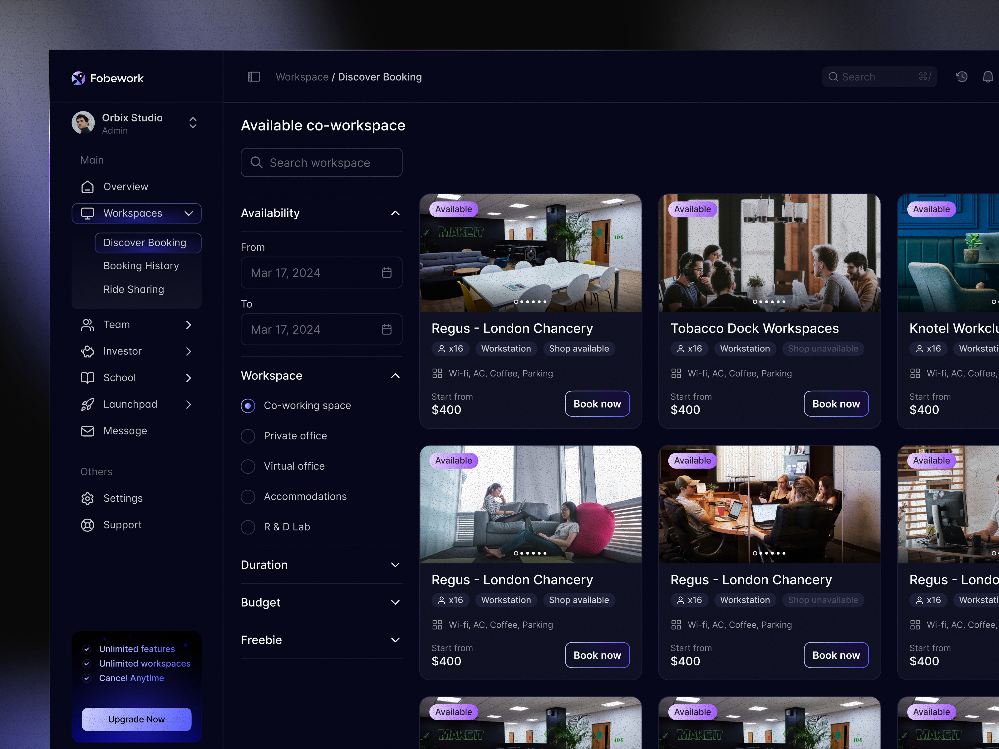 Fobework - Office Space Booking Dashboard Design admin booking booking dashboard design crm dark mode ui dashboard dashboard ui dashboard ui design design graph graphic design interface management dashboard minimal design orbix studio platform saas ui ux workspace