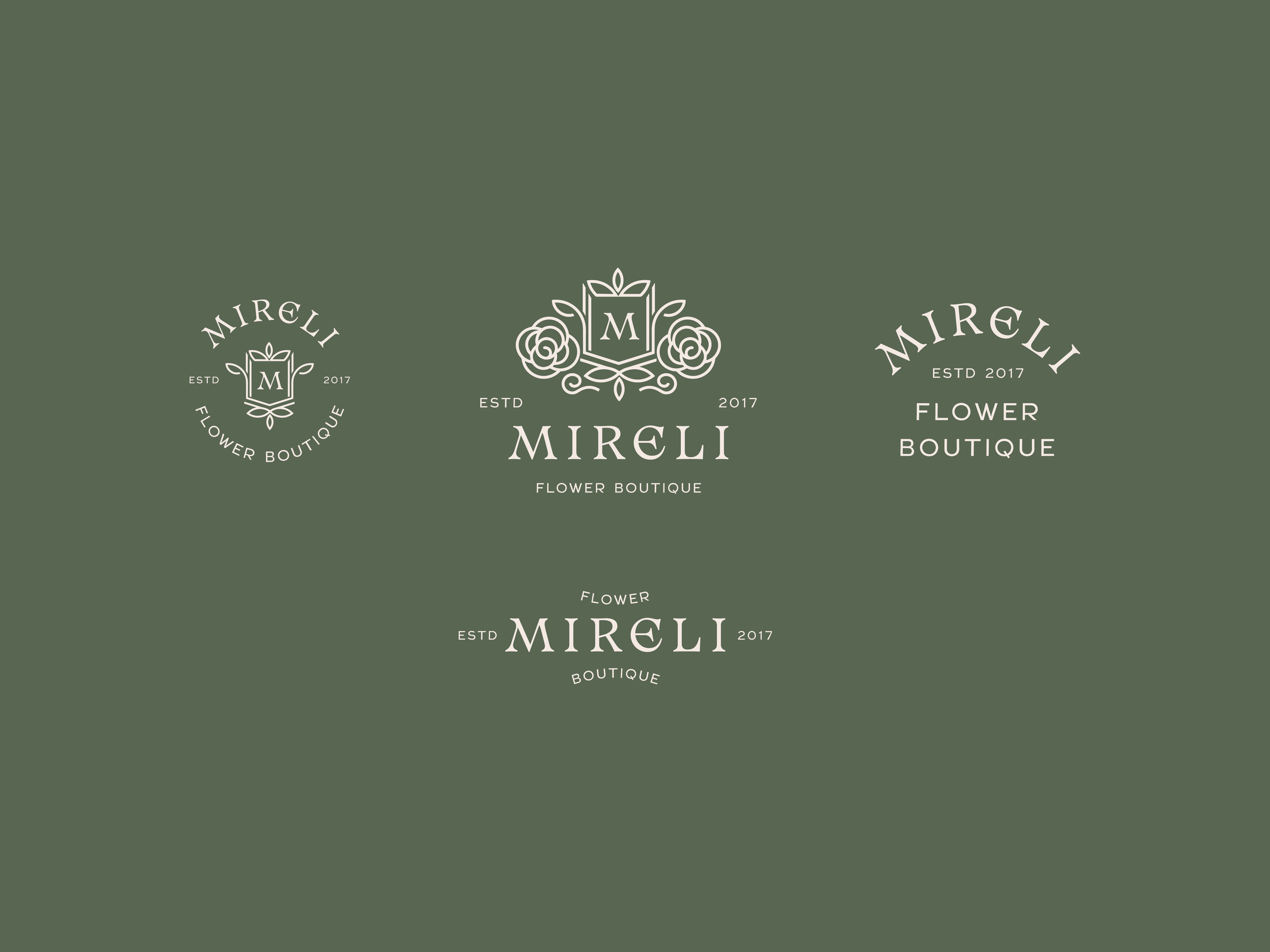 MIRELI Flower Boutique: Branding brand identity branding crest logo design floral logo flower boutique flower logo graphic design illustration line art line logo logo logo design logotype minimal logo rose logo simple logo typography