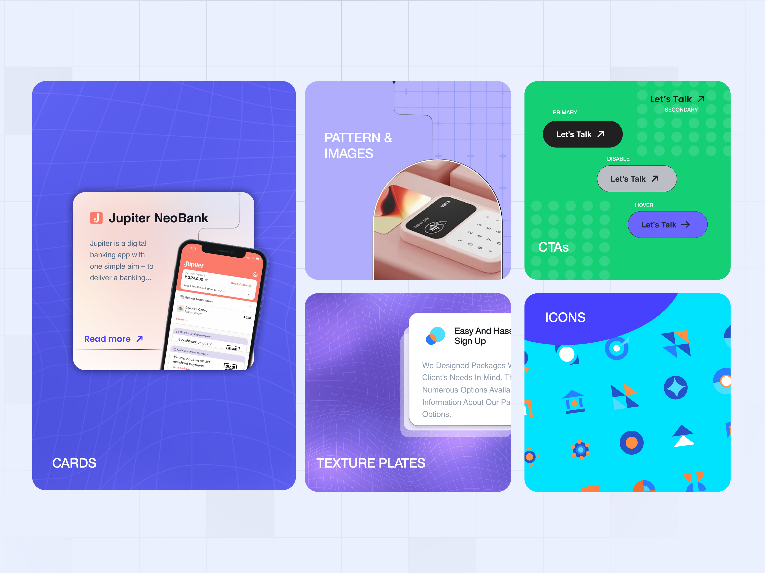 Fintech UI Kit Essentials branding cards cta design design guidelines design sysytem fintech graphic design hero section illustration interaction landing page miro interaction pattern texture typography ui ux