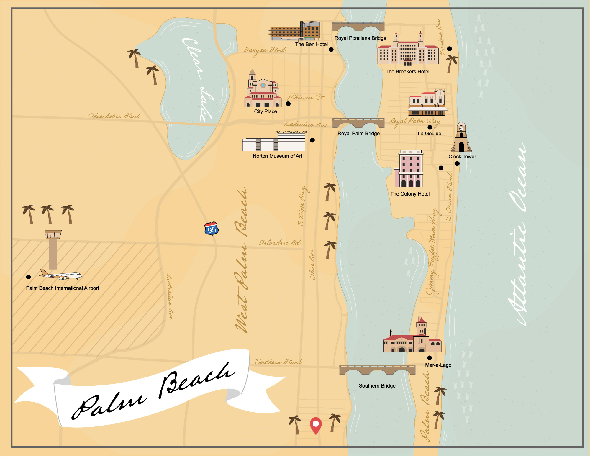 Palm Beach & West Palm Beach map airbnb airbnb map cartoon map custom map destination map florida hotel illustrated map illustration map map illustration mar a lago palm beach the breakers hotel the colony hotel tourist map travel map