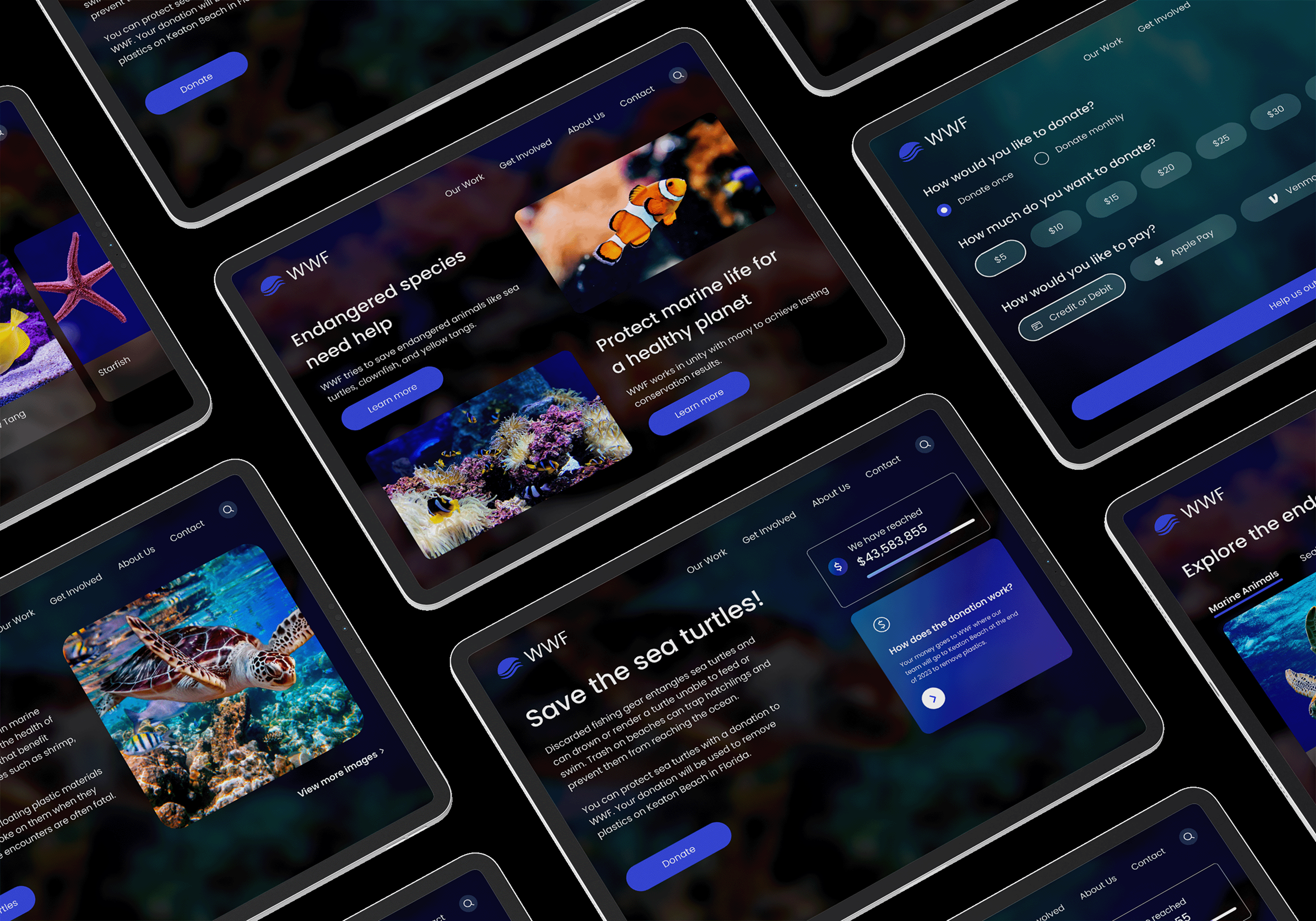 World Wildlife Fund (WWF) Tablet Screens branding darkmode e commerce ecommerce graphic design homepage ipad kiosk nonprofit nonprofitorganization tablet tabletdesign tabletscreens ui uidesign uiux ux uxdesign webdesign website