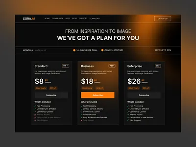 Sora.ai Pricing Plan app design billing page billing website checkout page creative design dark design dark landing page dark web illustration minimal design pricing card pricing table pricing ui saas subscription subscription page uidesign uiux user experience website layout