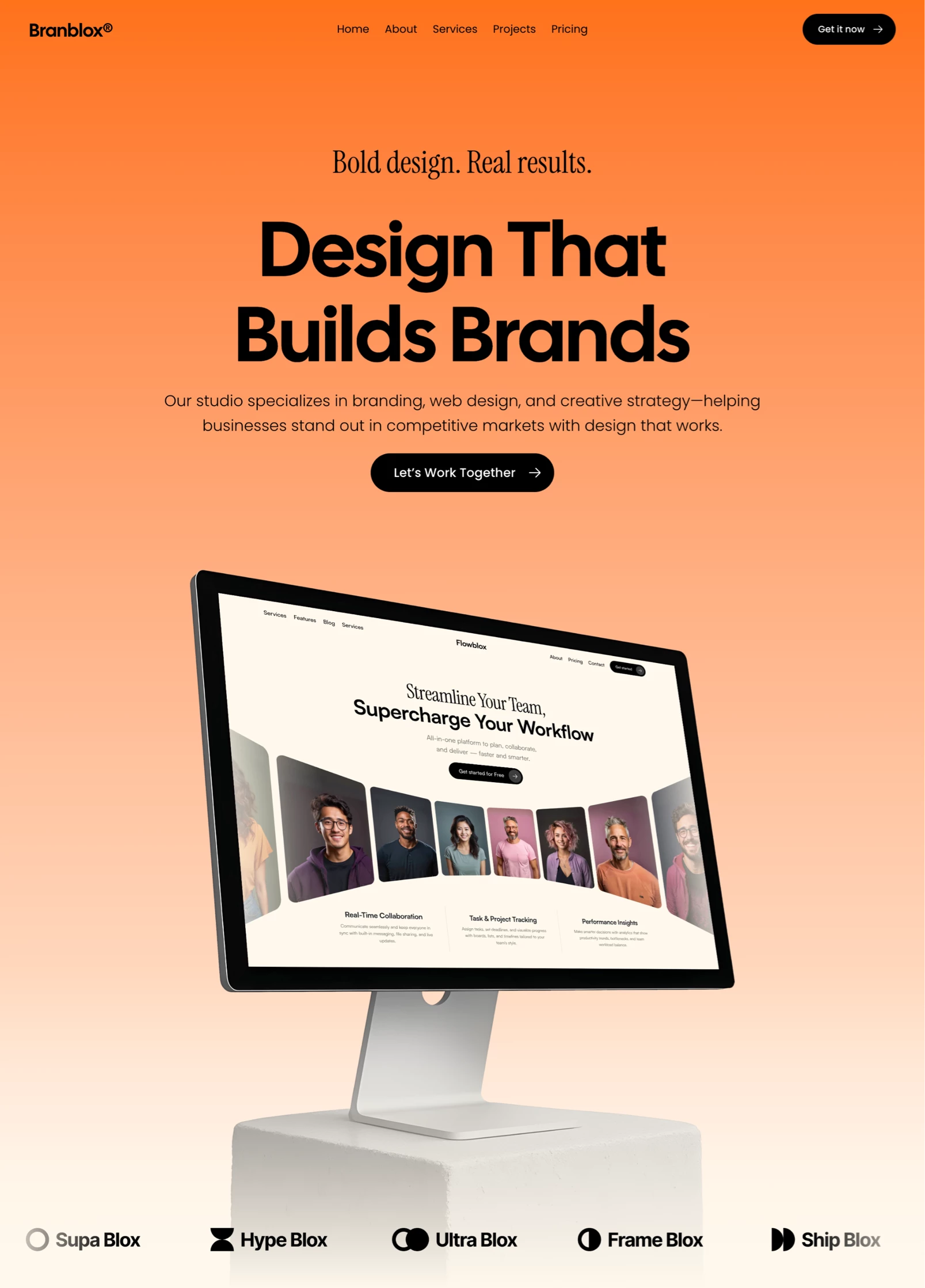 Agency studio website hero section for Framer agency framer headline hero mockup orange portfolio projects studio ui webdesign website