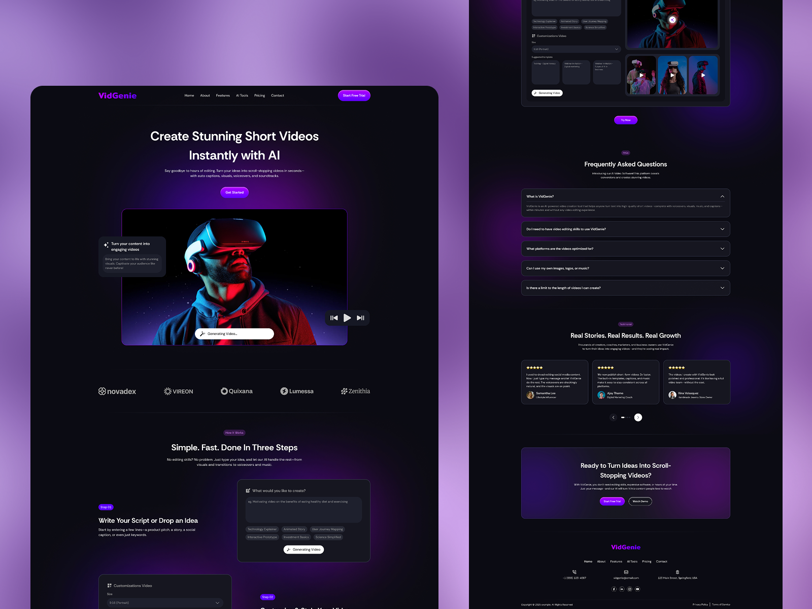 AI Video Creating Landing Page ai landing page ai tool ui ai video creator ai website design design ios landing page modern saas design uiux video creation software video editing vidio editor landing page web design