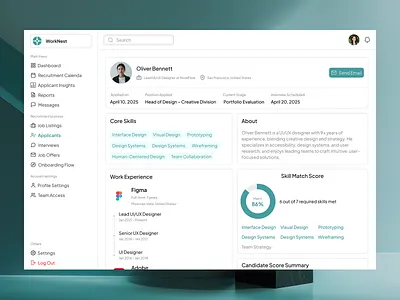 WorkNest – Applicant Detail View applicanttrackingsystem candidateprofile cleanui dashboarddesign designsystem dribbbleshot hiringplatform interfacedesign minimaldesign modernui productdesign recruitmentui saasdesign skillmatch talentmanagement uidesign userinterface uxdashboard uxdesign webappdesign