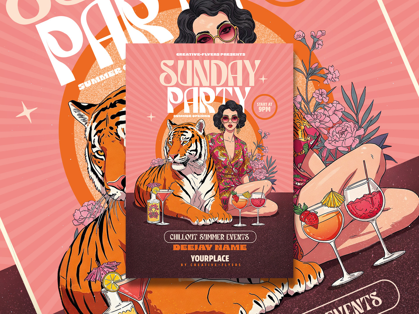 Exotic Flyer Invitation (PSD) chill creative creative flyers creativeflyer exotic invites flyer templates graphic design illustration invitation jungle party flyer photoshop poster retro style tiger tropical