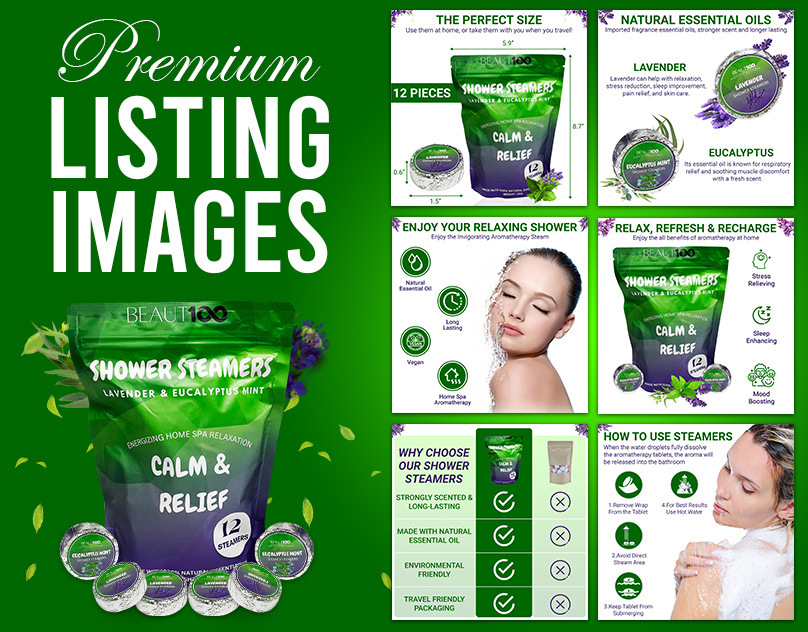 Shower Steamers Listing Images a content amazon amazon listing amazon product amazon product listing calm and relief ebc enhanced brand content infographic listing design listing images product listing shower shower steamers steamer