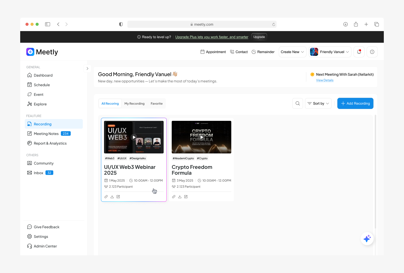 Meetly Recording – Smart & Minimal Meeting Scheduler clean cool dashboard design meeting recording schedule ui uiux ux video webapp website