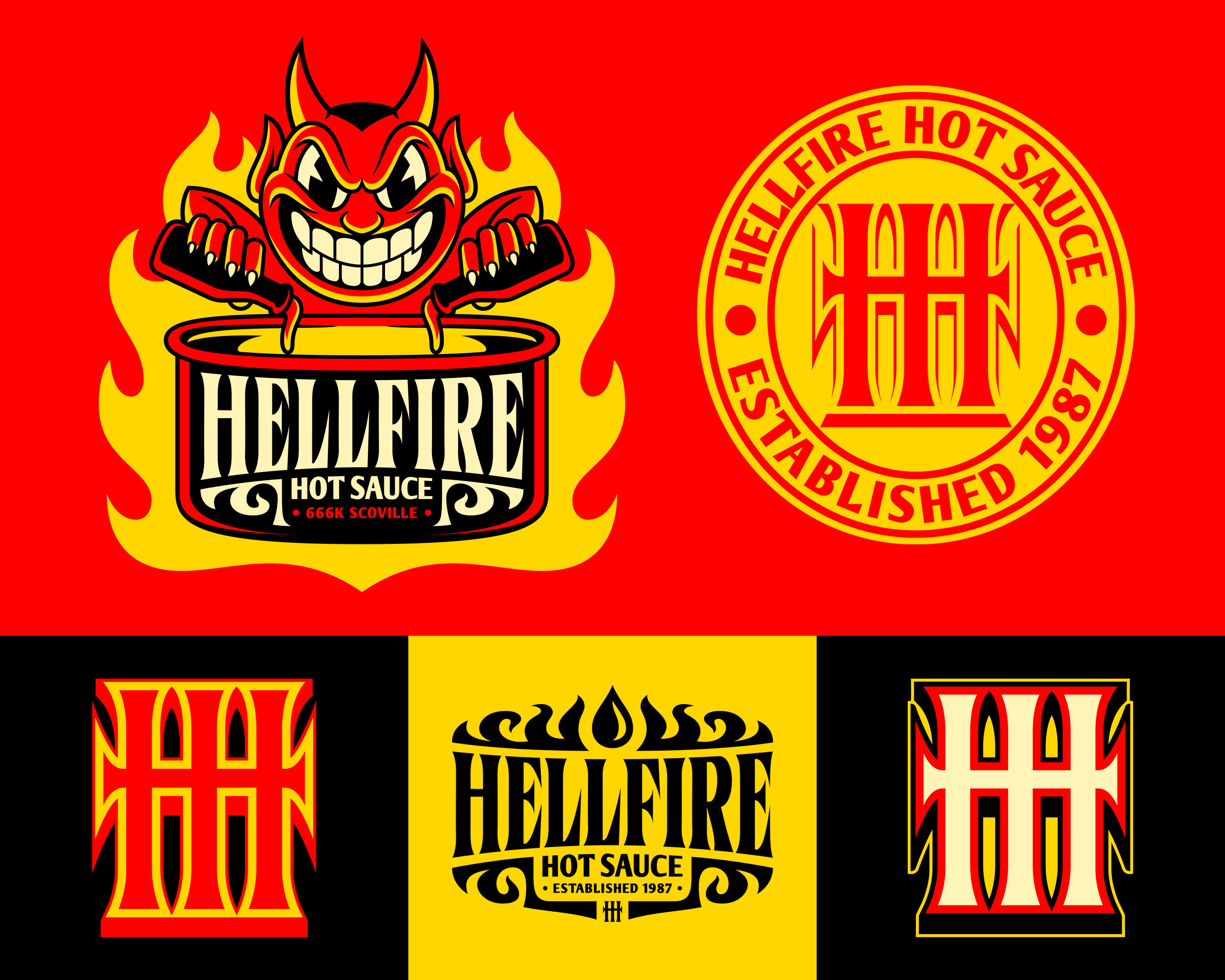 Hellfire Hot Sauce Devils Mascot Logo badge design cartoon character design dasedesigns demon devil devils fire graphic design hh hot hot sauce illustration lettermark logo design logotoons mascot mascot logo sauce wordmark