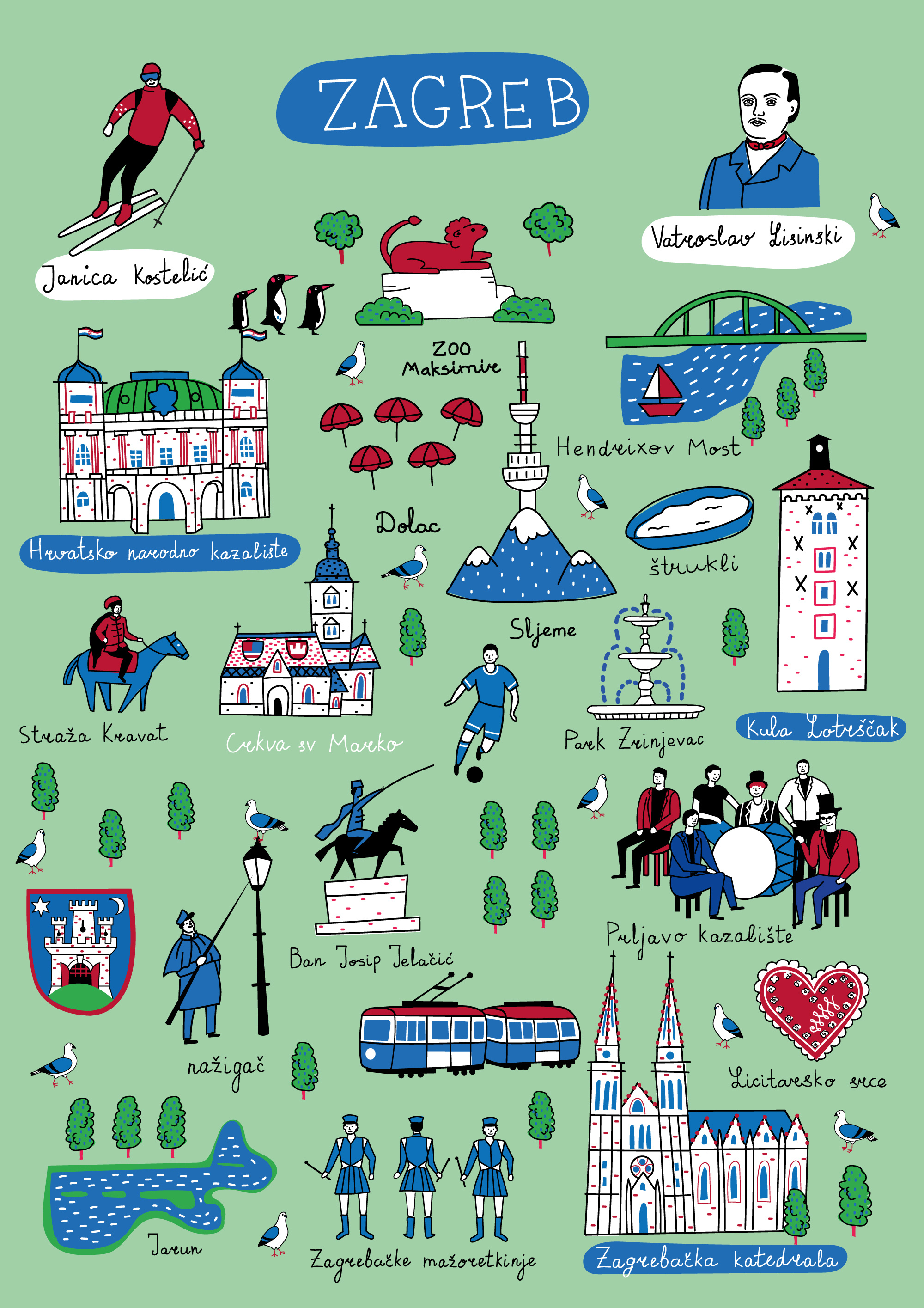 Zagreb Illustrated Map for Merch & Prints cartoon map croatia custom map illustrated map illustration map map illustration merch tote bag print tourist guide tourist map tourist merch travel guide travel illustration travel map zagreb