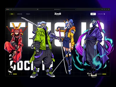 Zamasu Society Ecom Hero Section anime cyberpunk ecom framer futuristic illustrated ninja purple sci fi shopify