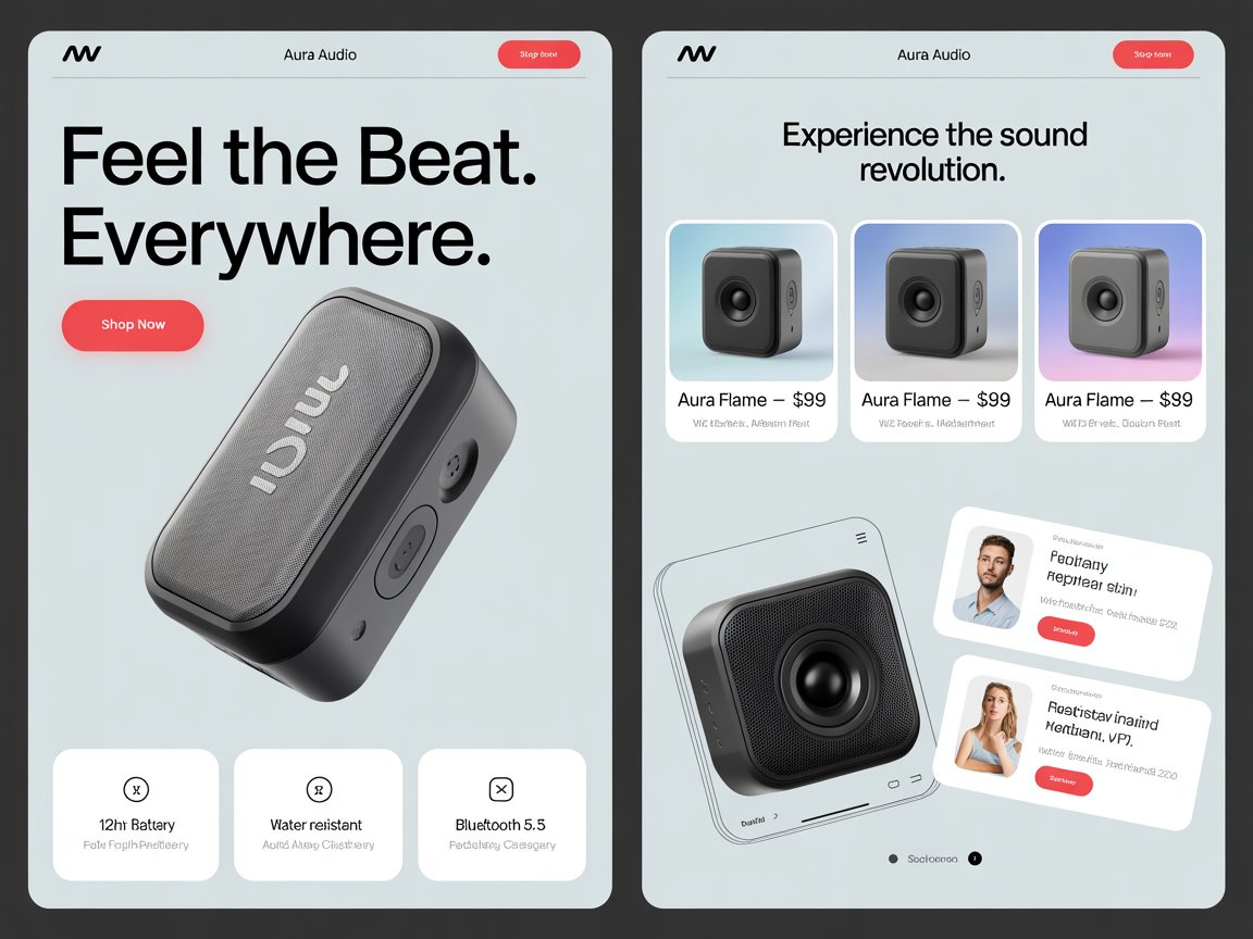 🎧 Clean & Modern Speaker Landing Page UI - Aura Audio 3d animation aura branding clean ui floating elements interactive logo motion graphics music brand music company music figma design music landing page music website smooth interface ui