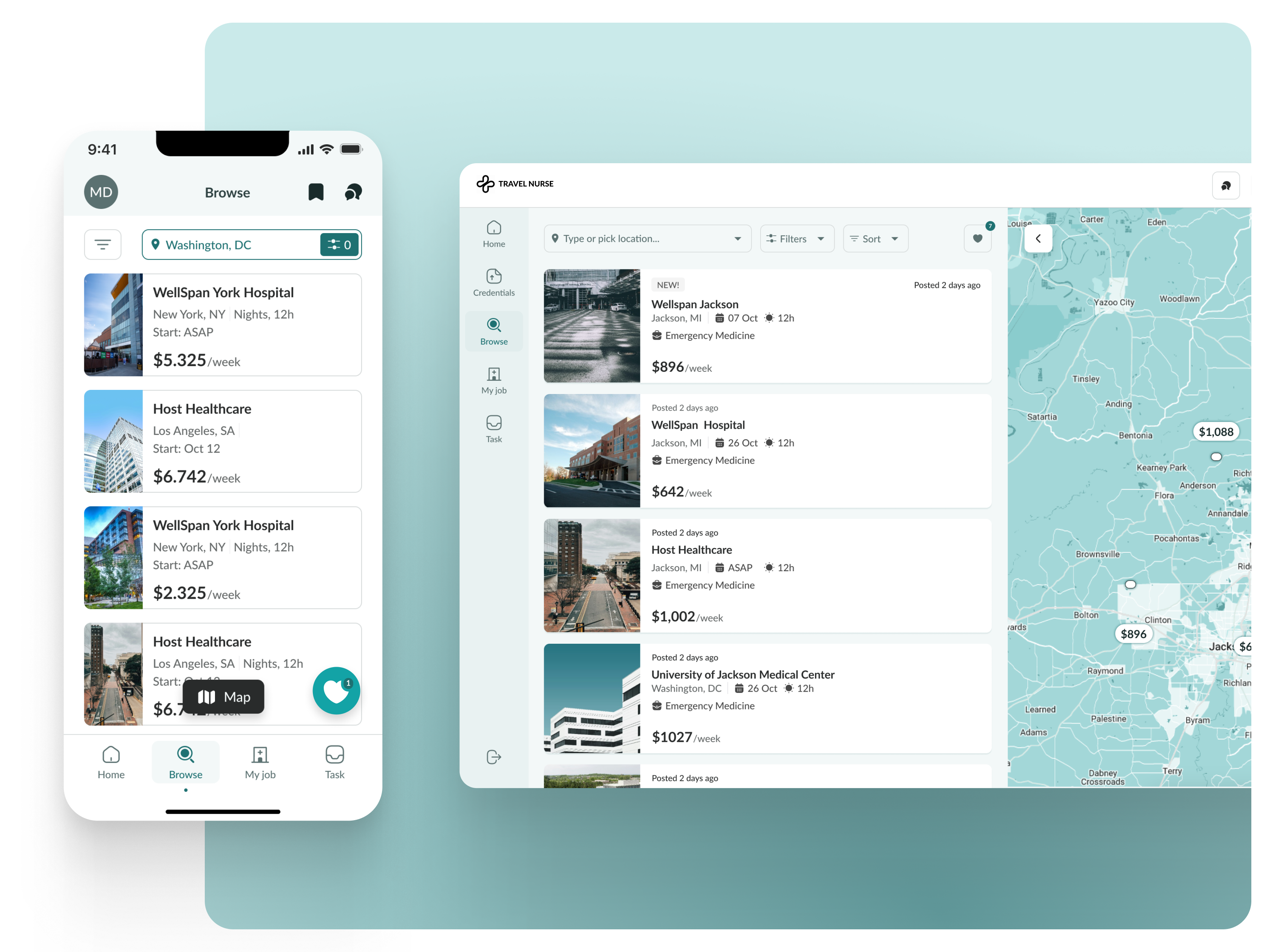 Travel Nurse - Cross-platform Product healthcare job mobile nurse teal travel ui work