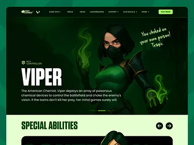 Viper — Valorant Character Page Concept characterpage conceptdesign darktheme figma gamewebsite gamingui herosection productdesign typography uiux valorant viper visualdesign webdesign