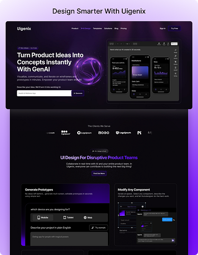 Design Smarter with AI – Uigenix ai design artificial intelligence creative dark ui design generator design system design tools futuristic landing page modern interface modern ui product design saas tech startup ui design ui generator ui ux uigenix ux design web app