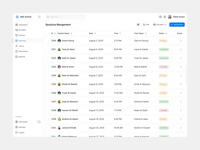 Student Management Dashboard admin dashboard attendancetracking classmanagement dashboard design edtech figma design online learning saas school dashboard session management student management studentsessions ui ui design ux design web app