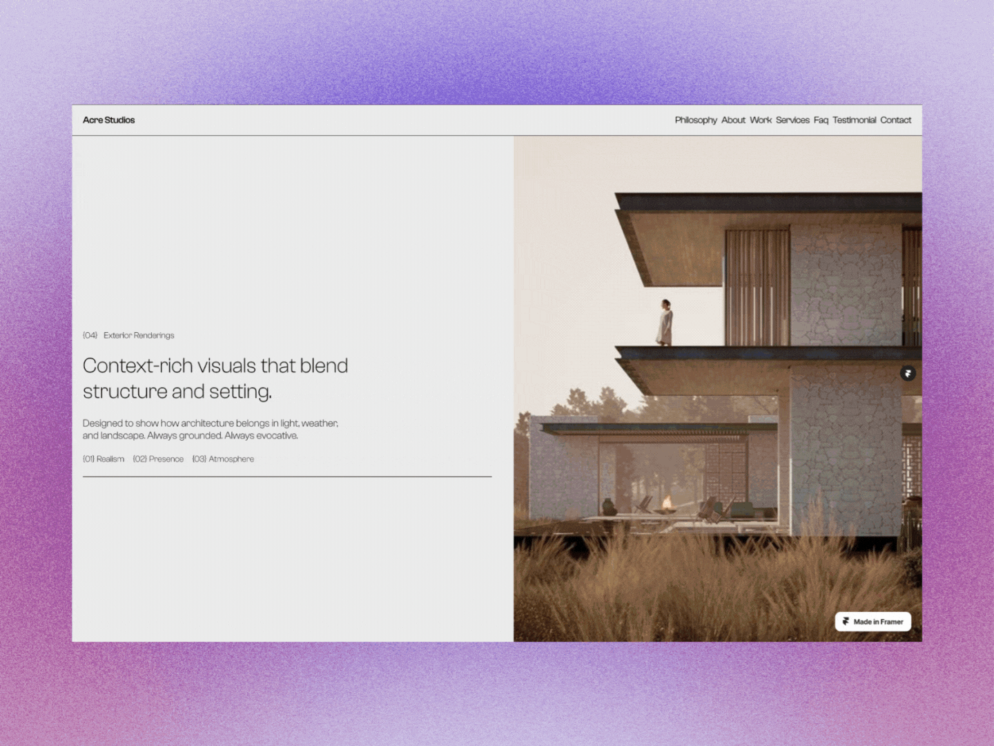 Acre an Architecture Studio ads portfolio website design framer framer development minimal landing page modern architecture studio modern landing page scroll animation ui