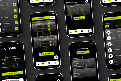 Mobile Fitness App UI – Clean | Modern | Engaging | Dark Theme dark theme designinspiration green ui minimal yoga