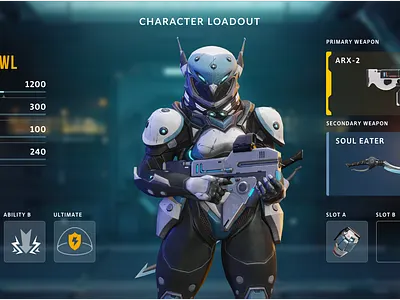 Desolation character loadout UI design future game interface loadout mobile shooter ui ux