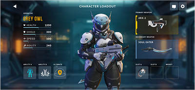 Desolation character loadout UI design future game interface loadout mobile shooter ui ux