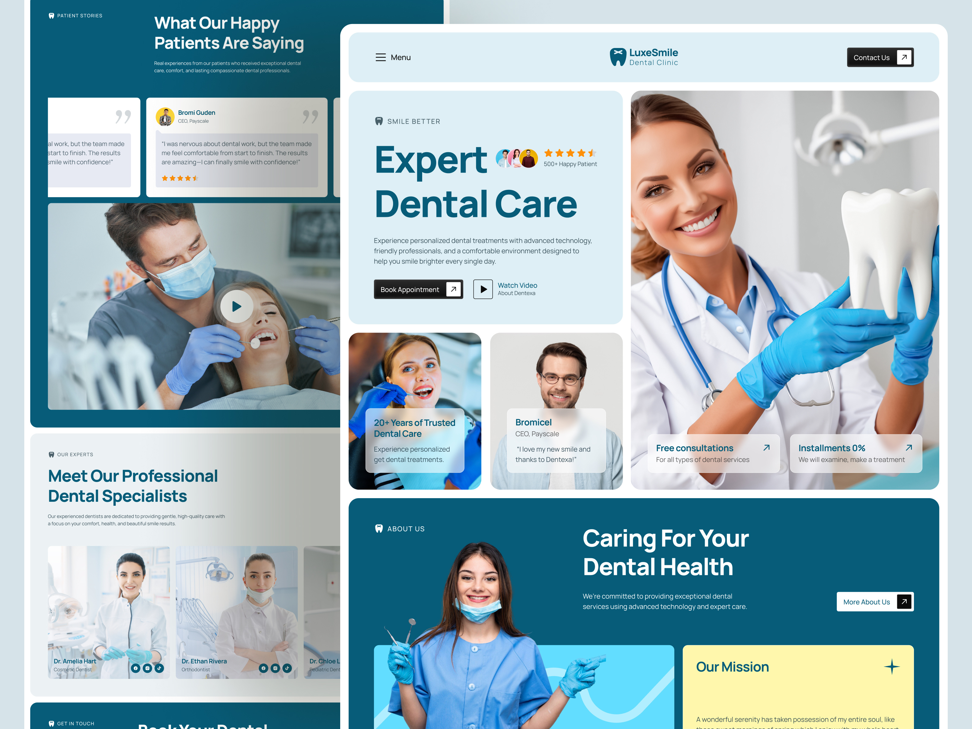 LuxeSmile - Dental Clinic Landing Page UI Design dentalclinicdesign dentalui dentistwebsite design healthcareui landing page medicalwebdesign onlinebookingui oralhealth responsivedesign smiledesign ui ux