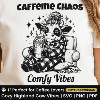 Highland Cow Coffee Shirt SVG | Caffeine Chaos Cozy Vibes Design aesthetic cow art