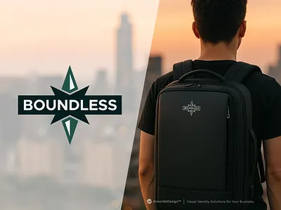 Multipurpose Backpack Logo Design for BOUNDLESS arrow backpack badge bag boundless compass direcion green laptop bag minimal mockup modern product branding retro travel typography wordmark