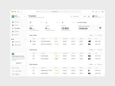 Doozy - Task Management Dashboard [Timesheet Page] clean design clock dashboard product design projects saas time tracking timer timesheet track ui