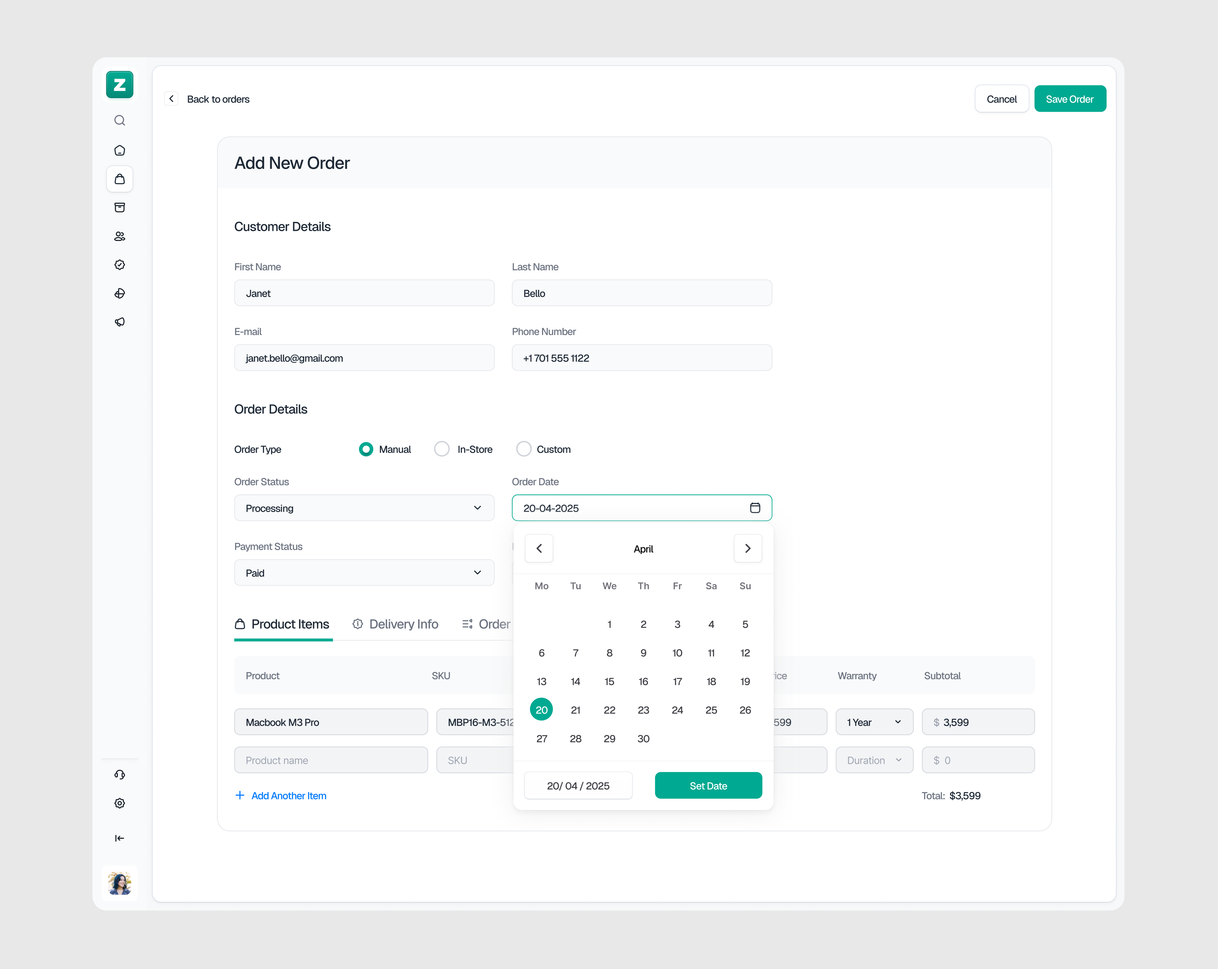 Zonatek - Add New Order Page admin apple create new dashboard design e commerce gadget gadgets input management order phone saas tech ui ux