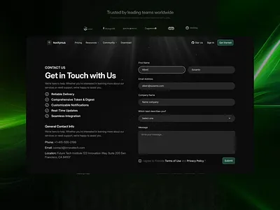 NotifyHub - Notification Platform [Contact Us] contact page contact us dark dark mode dev dev tool developer landing page notification novu saas section support page tech design tools web web design website website design