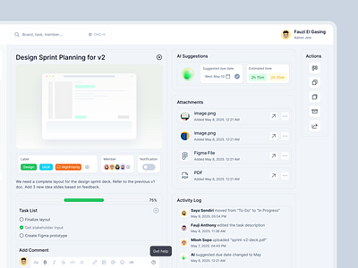 FuseBoard – Task Detail activity log ai attachments card design comment designsystem interactiondesign kanban productivityapp projectmanagement task task detail task list task management taskmanager text editor timer timetracker web app webappdesign