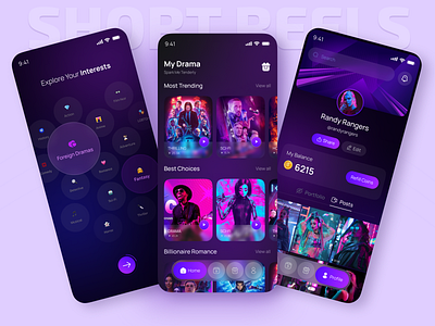 Movie Stream and Short Reels mobile app app app design clean dark dark mode graphic design live app live stream live streaming minimal mobile social media app social network stream streaming streaming app ui ux video