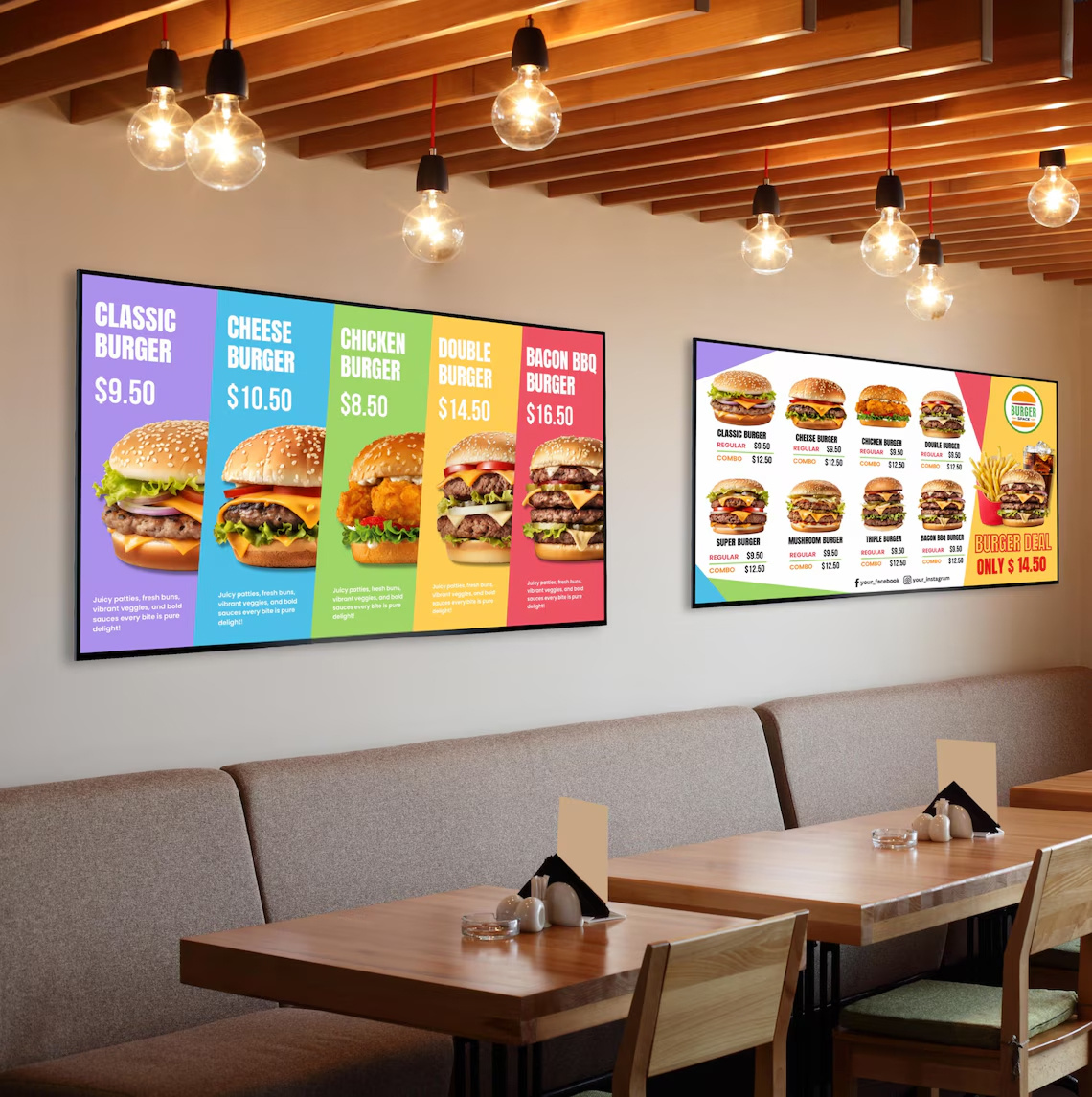 Burger TV Board Menu burger advertising burger menu digital menu fast food design food display menu board design menu screen restaurant menu tv menu board