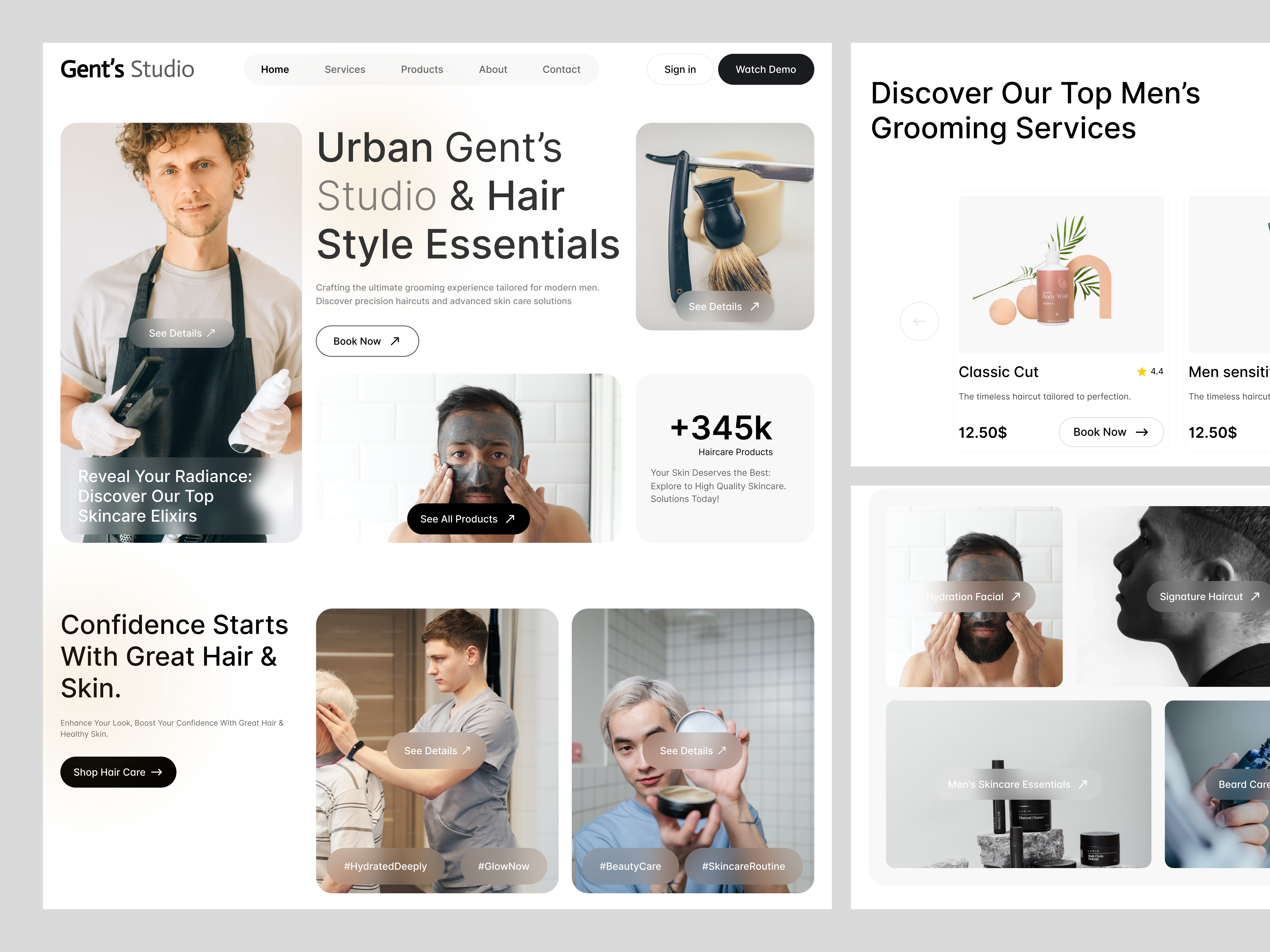 Skin Care Website UI/UX Design - Gent's Studio barber website beauty website booking ui design trends ecommerce ui ecommerce website grooming haircare homepage design landing page mens care online store product design salon website service booking skincare ui design ux design web design