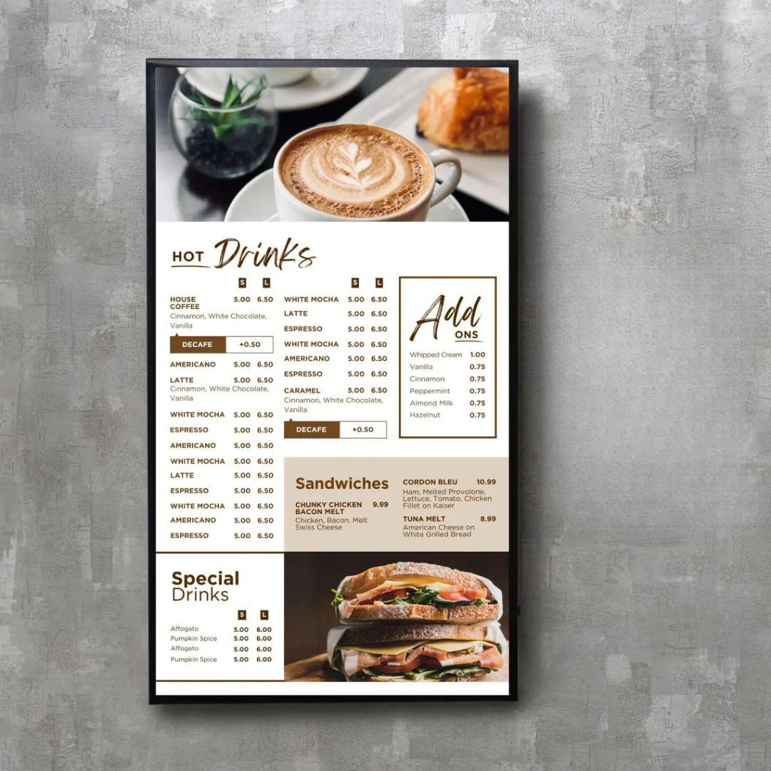 Café Menu Board Design beverage menu cafe menu chalkboard style coffee menu coffee shop design digital menu food menu menu board design menu layout restaurant branding