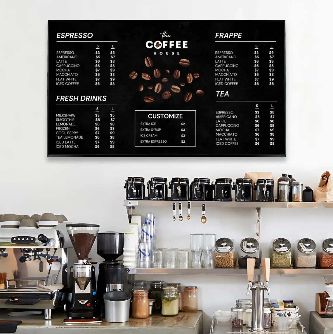 Coffee Shop Menu Board Design barista menu beverage menu cafe menu chalkboard style coffee branding coffee menu design coffee shop menu digital menu menu board design menu layout