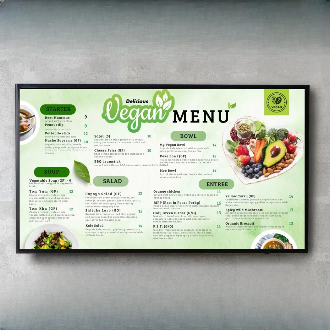 Vegan Menu Board Design cafe menu chalkboard style digital menu board eco friendly design healthy food menu menu board design organic food design plant based design vegan menu vegan restaurant