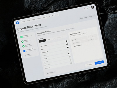 Create Event • CRM additional crm dashboard design dls event input moto new platform pricing saas services steps switch tabs ui ux web