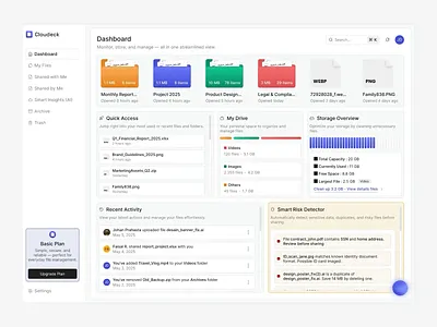 CloudDeck - Cloud File Storage with AI Featured ai ai command archive cloud create new file folder grid list manage monthly my files search folder sharing smart insight storage storing trash upload